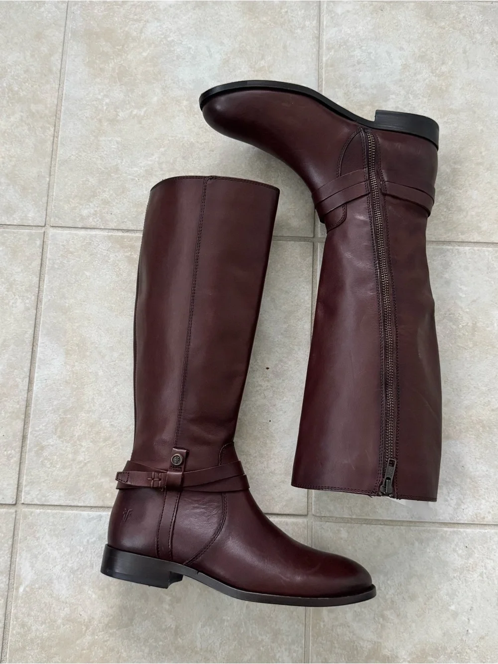 Frye Melissa Belted Tall Leather Riding Boots Womens 6.5B Redwood Brown FR40062
